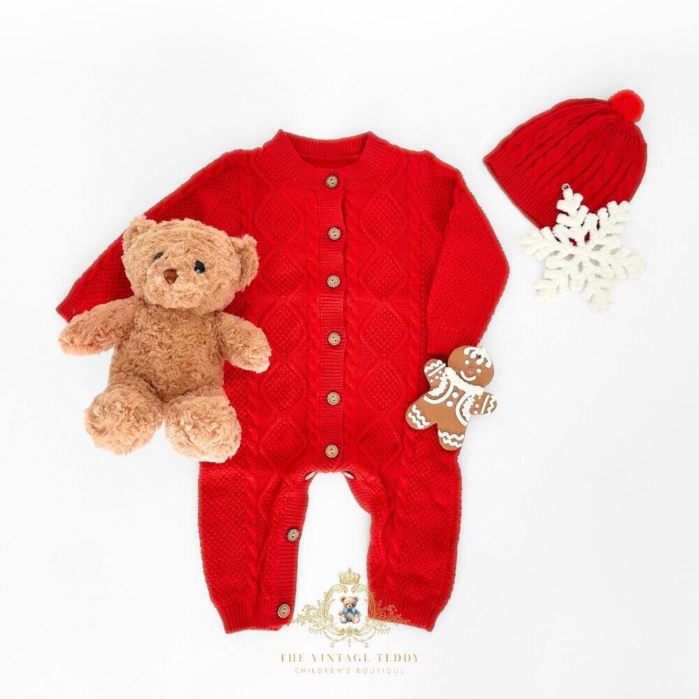 NWT Cute Kids Knit One-piece Bodysuit Sweater Romper & Cap Christmas Red 0-3M